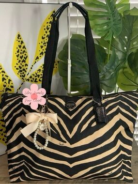 Coach y2k Devin Black and Tan Zebra Print Nylon Overnight Tote & Pouch